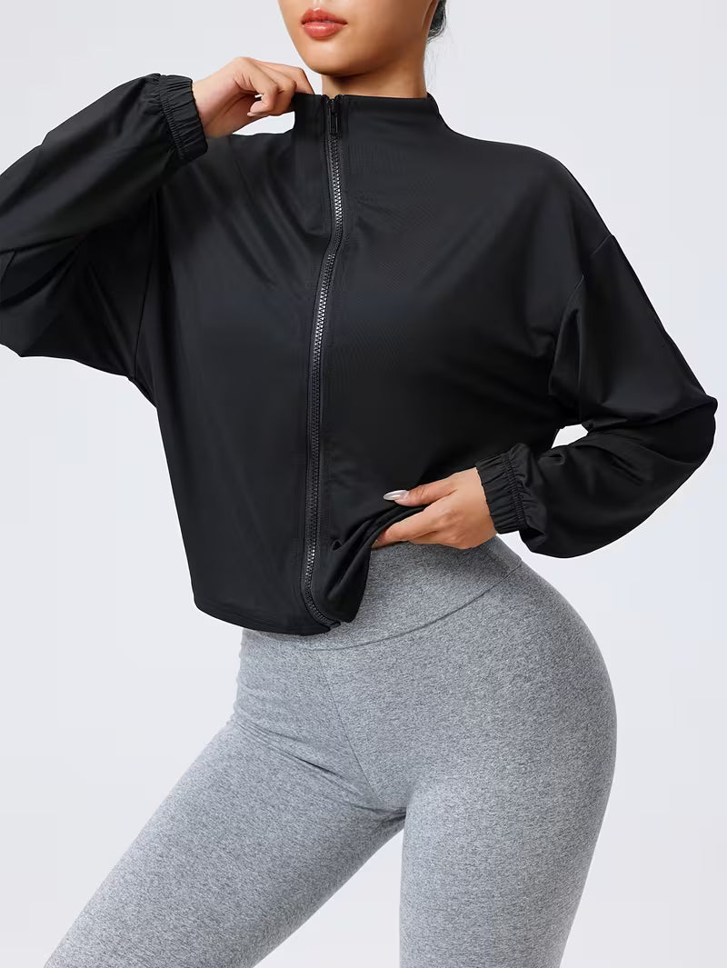 Women's Stand-up Collar Zippered Sports Jacket, Casual Short-sleeve Ribbed Cuff Running Fitness Yoga Jacket