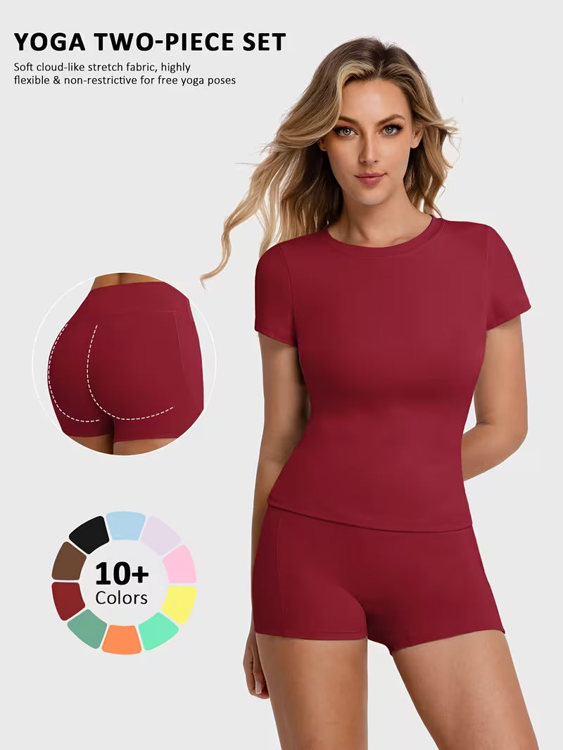 Women'S 2pcs Yoga T-Shirt And Shorts Set - Show Off Your Figure with High Stretch, Comfortable And Breathable Sportswear, Suitable for Pilates Training, Outdoor Sports, Running, Yoga, Daily Leisure And Gym Wear, Yoga Clothes, Women'S Clothing