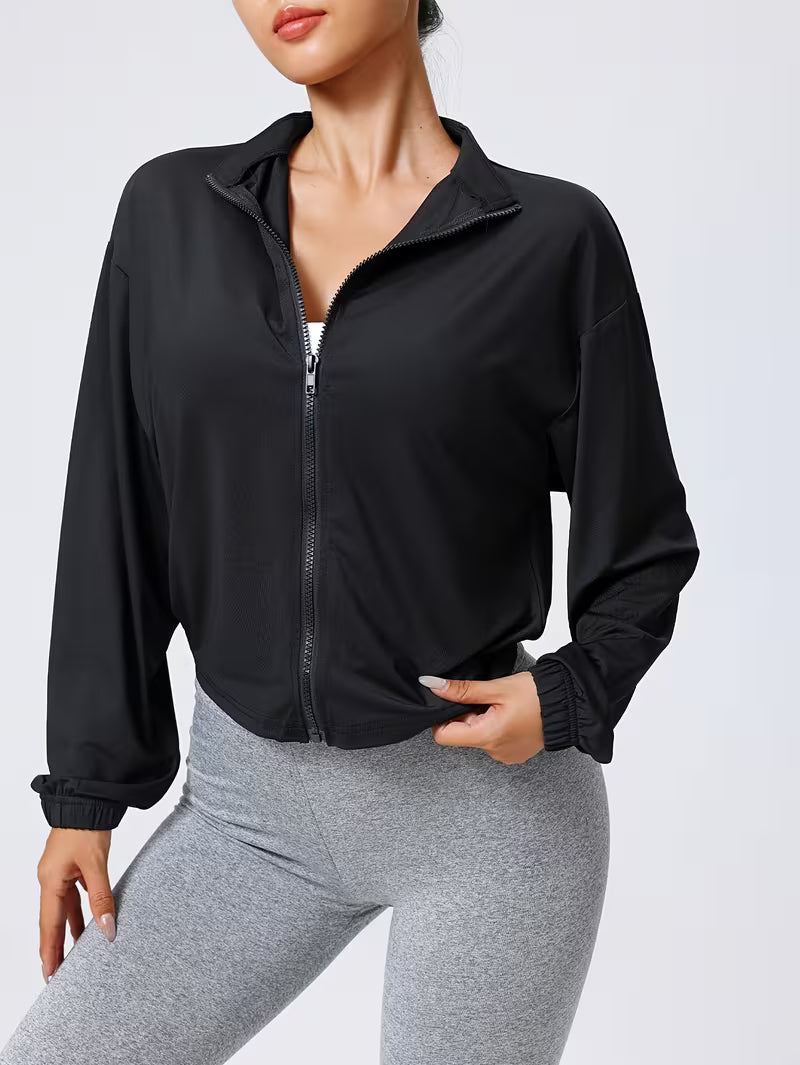 Women's Stand-up Collar Zippered Sports Jacket, Casual Short-sleeve Ribbed Cuff Running Fitness Yoga Jacket