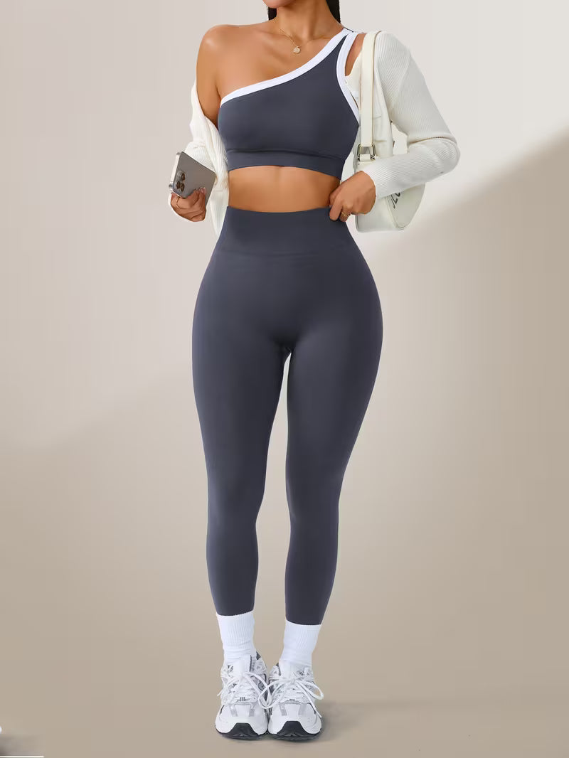 2pcs Set of 300G Women'S Sports Suit Long - Slanted Shoulder Vest, Hip Lift High Elastic Leggings Suit - Fitness Clothing Autumn And Winter