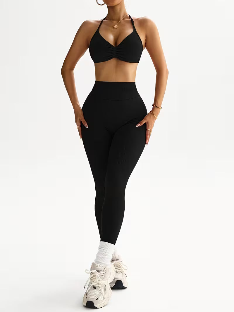 2pcs Solid Color Sexy Thin Strap Halter Neck Women'S Athletic Set, Non-Removable Chest Pad Sports Bra And Tummy Control Tight Leggings, Women'S Yoga Outfit