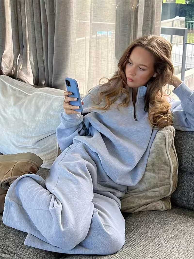 2Pcss Women'S Solid Color Zip-Up Half-Open Shoulder Loose Sweatshirt And Jogger Pants Set, Spring/Fall Wear, Oversized Long Sleeve 2Pcss Outfit Casual Daily Style