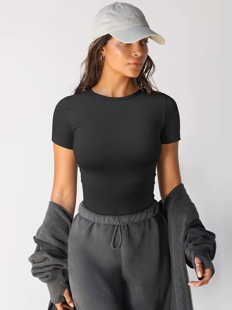 Women's High Elasticity Moisture-Wicking Yoga T-Shirt - Round Neck Drop Shoulder Short Sleeve Workout Top, Non-See-Through Solid Color for Gym, Training & Casual Wear, Gym Apparel, Sleek Design, Nontransparent Material