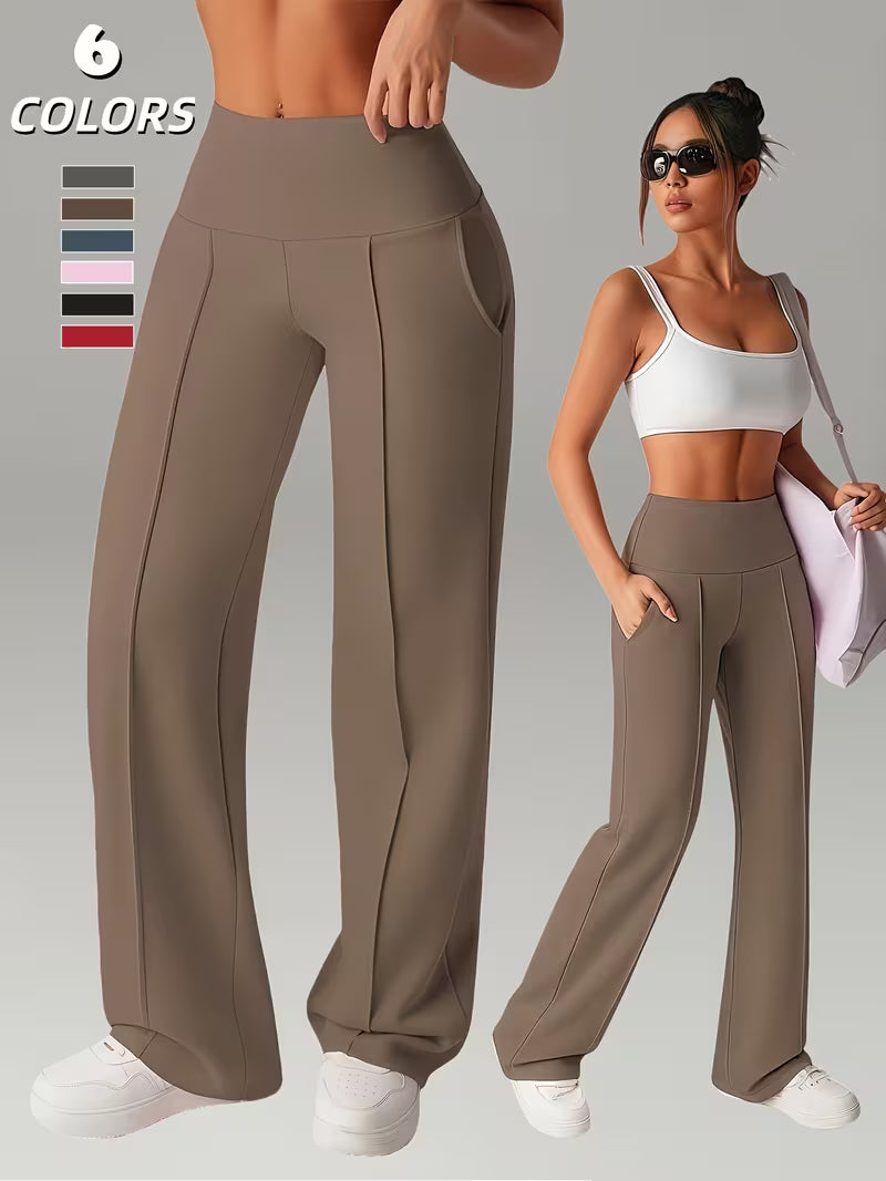 A Slightly Flared Trousers, Straight-Leg Wide-Leg Pants, Casual Quick-Drying Women'S Pants with Pockets, Elastic Pants, High-Waisted Leggings