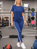 Women'S Casual Fashion Outdoor Sports Suit Double Sided Tie Stripes Round Neck Short Sleeves Long Pants Two Piece Set Women'S Sports Jogging Outfit Women'S Indoor Sports Set