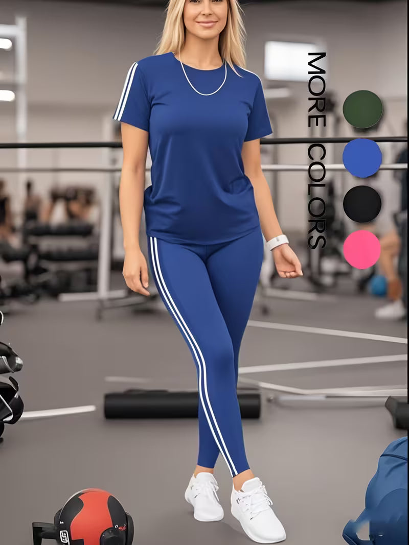 Women'S Casual Fashion Outdoor Sports Suit Double Sided Tie Stripes Round Neck Short Sleeves Long Pants Two Piece Set Women'S Sports Jogging Outfit Women'S Indoor Sports Set