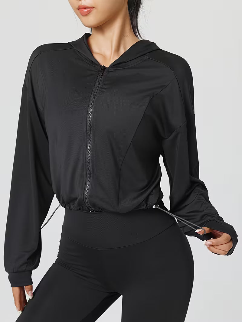 Women's Drawstring Hem Hooded Athletic Jacket, Casual Short Zip-Up Running Fitness Yoga Jacket