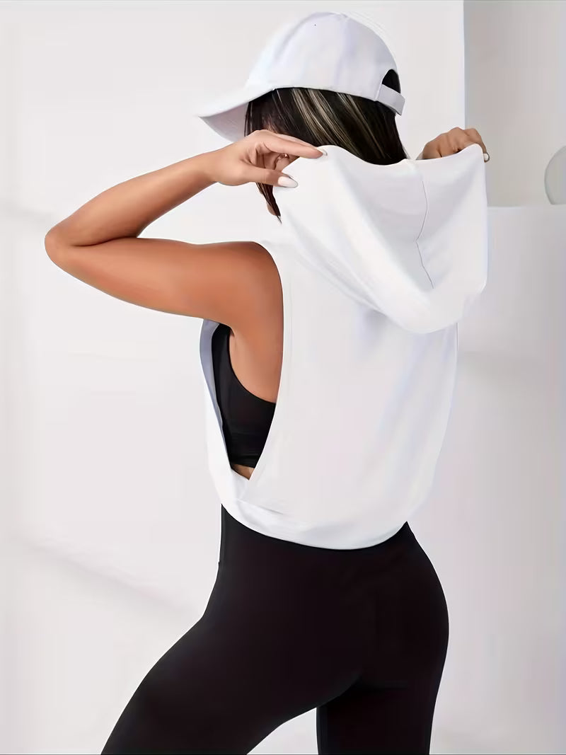 Loose Fit Sleeveless Breathable Women'S Hooded T-Shirt with Letter Print, Casual Sportswear Top Activewear Tank