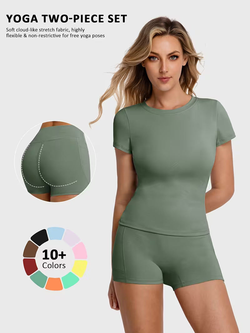 Women'S 2pcs Yoga T-Shirt And Shorts Set - Show Off Your Figure with High Stretch, Comfortable And Breathable Sportswear, Suitable for Pilates Training, Outdoor Sports, Running, Yoga, Daily Leisure And Gym Wear, Yoga Clothes, Women'S Clothing
