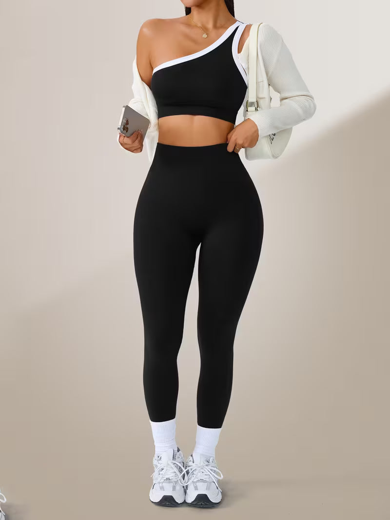 2pcs Set of 300G Women'S Sports Suit Long - Slanted Shoulder Vest, Hip Lift High Elastic Leggings Suit - Fitness Clothing Autumn And Winter