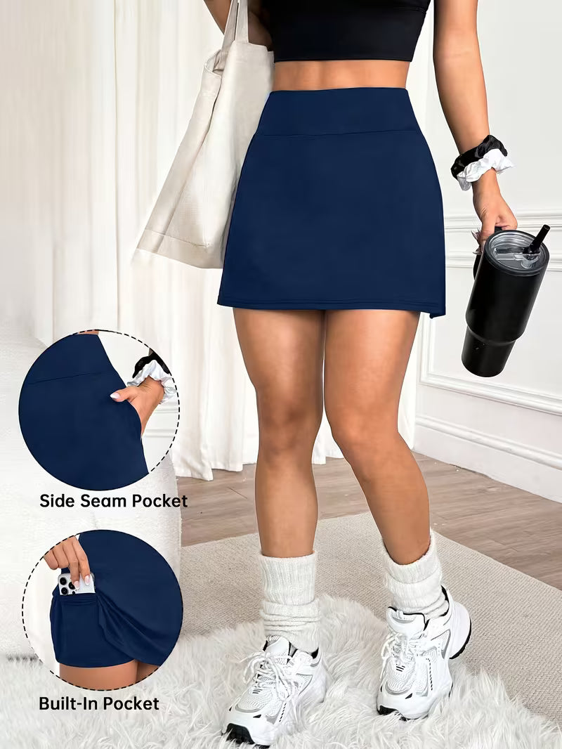 1pc Women'S High-Waist Skort with Pockets - Side Seam Slit Design, Stretch Yoga Fitness Running Cycling Tennis Training Outfit, Machine Washable Athletic Gear, Fitness Accessory, Breathable Solid Color Suitable for Yoga, Pilates