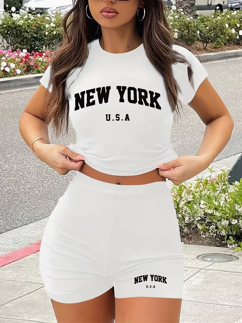 Women's Casual Sporty Round Neck Loose Short Sleeve Shorts Set with Unique Print, Two-Piece Outfit for European and American Fashion