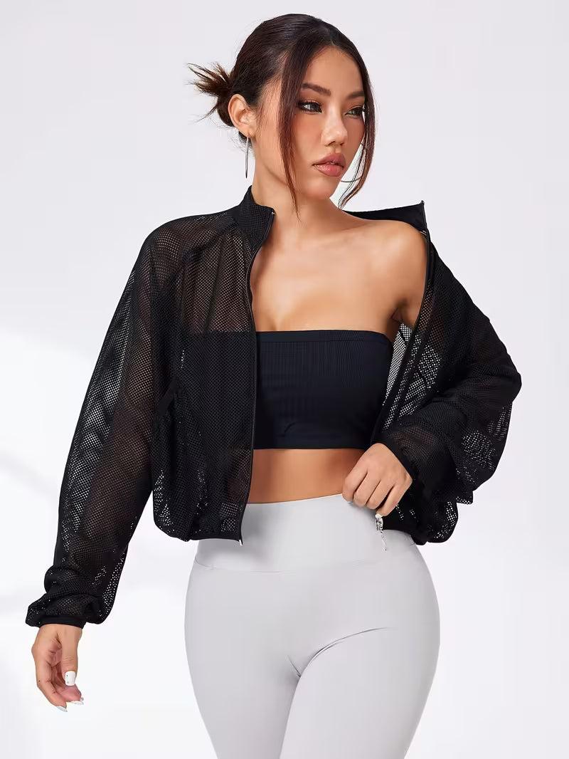 Semi-Sheer Mesh Yoga Jacket with Half-Turtleneck & Zipper Front - Breathable Stretchy Fitness Suit for Running, Gym, Outdoor - Loose-Fit Long Sleeve Zippered Outerwear Suitable for Spring/Autumn Training and Casual Wear