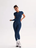 Youthful Campus Fitness Cute Solid Top, Elastic Fitted Round Neck Sweet Fashion Versatile Trendy Jacket Elegant High-Waist Tight Casual Butt-Lifting Daily Basic Dance Leg-Lengthening Hip-Enhancing Street Running Yoga 2pcs Set