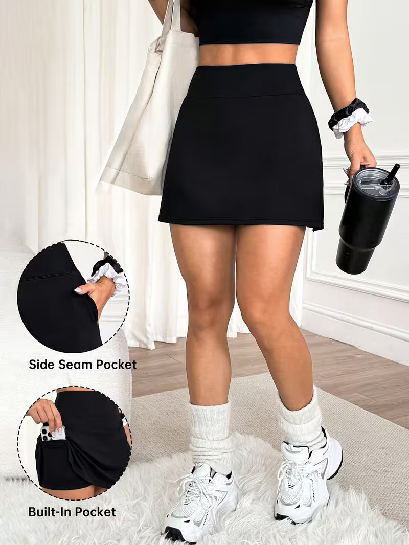 1pc Women'S High-Waist Skort with Pockets - Side Seam Slit Design, Stretch Yoga Fitness Running Cycling Tennis Training Outfit, Machine Washable Athletic Gear, Fitness Accessory, Breathable Solid Color Suitable for Yoga, Pilates
