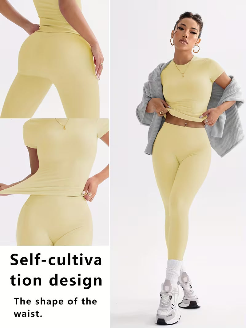 Youthful Campus Fitness Cute Solid Top, Elastic Fitted Round Neck Sweet Fashion Versatile Trendy Jacket Elegant High-Waist Tight Casual Butt-Lifting Daily Basic Dance Leg-Lengthening Hip-Enhancing Street Running Yoga 2pcs Set