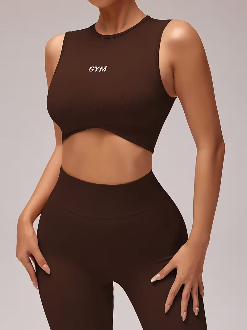 Women'S 2pcs Letter Print Crop Top And Leggings Athletic Set - High-Waist Breathable Fabric, Suitable for Yoga, Training, And Casual Wear, Athletic Comfort Fit