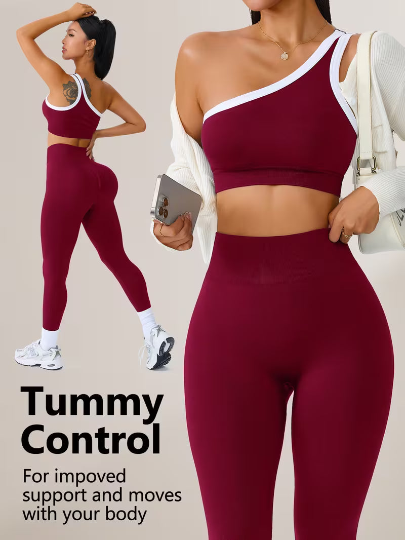 2pcs Set of 300G Women'S Sports Suit Long - Slanted Shoulder Vest, Hip Lift High Elastic Leggings Suit - Fitness Clothing Autumn And Winter