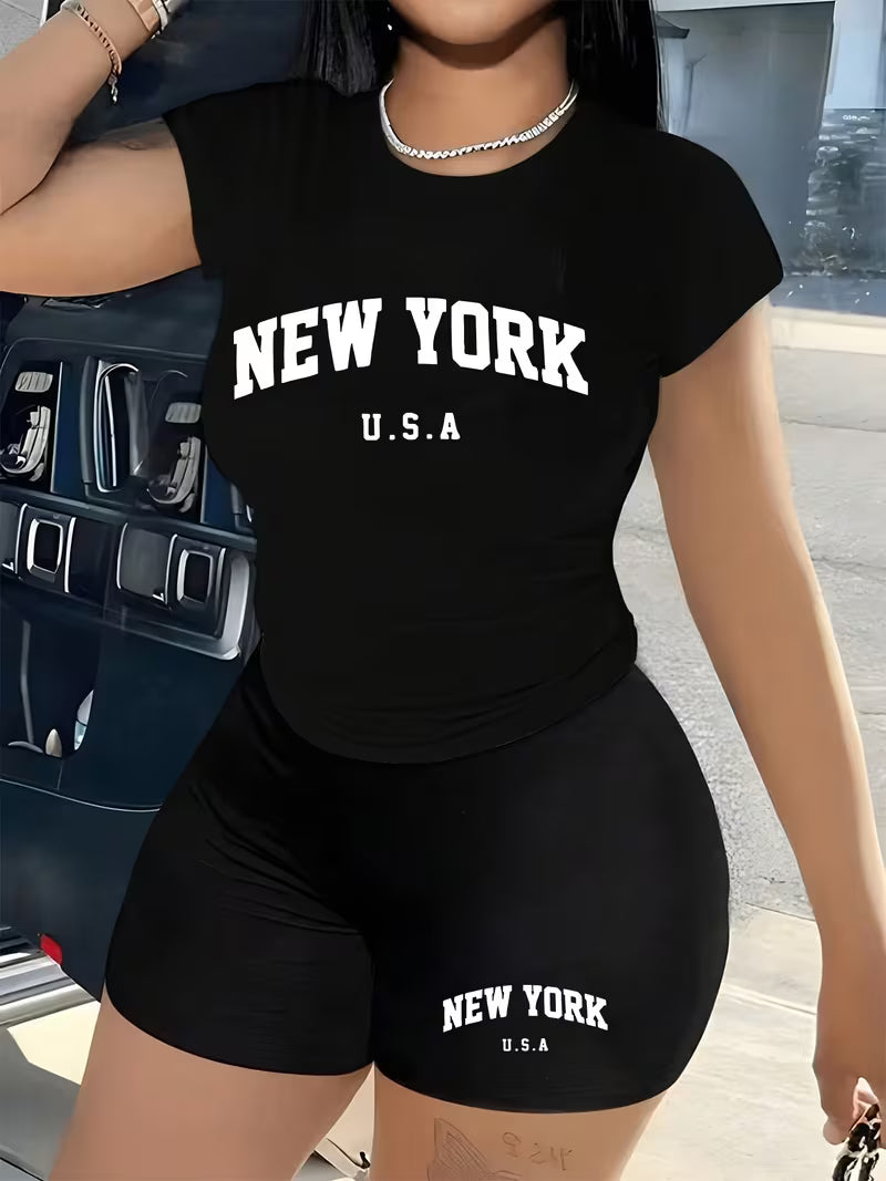 Women's Casual Sporty Round Neck Loose Short Sleeve Shorts Set with Unique Print, Two-Piece Outfit for European and American Fashion