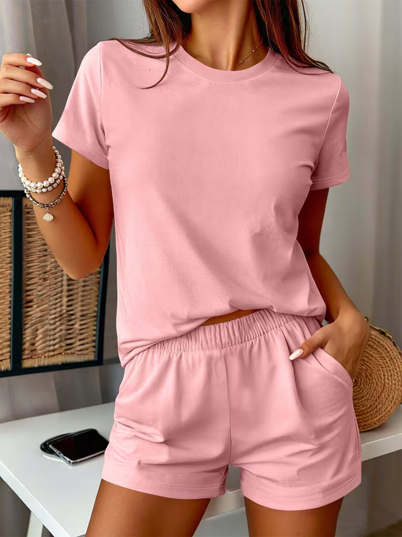 Versatile Style 2026 Spring/Summer Solid Color Multi-Color Choice Short-Sleeved T-Shirt + Shorts Set Women'S Casual Comfortable Two-Piece