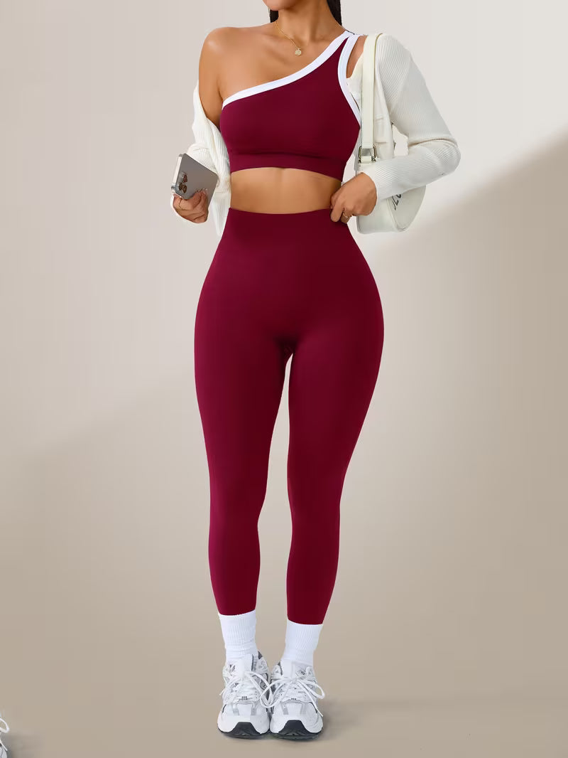 2pcs Set of 300G Women'S Sports Suit Long - Slanted Shoulder Vest, Hip Lift High Elastic Leggings Suit - Fitness Clothing Autumn And Winter