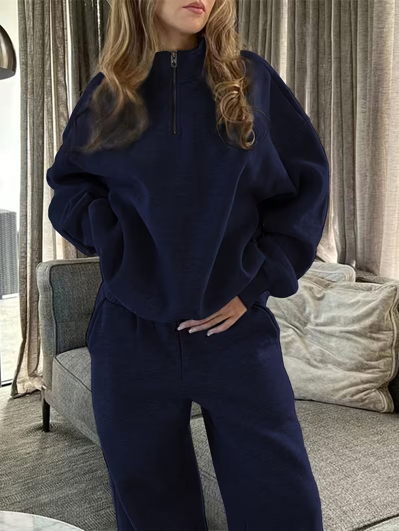 2Pcss Women'S Solid Color Zip-Up Half-Open Shoulder Loose Sweatshirt And Jogger Pants Set, Spring/Fall Wear, Oversized Long Sleeve 2Pcss Outfit Casual Daily Style
