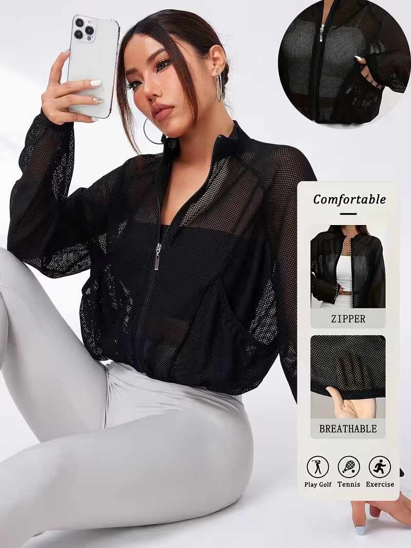 Semi-Sheer Mesh Yoga Jacket with Half-Turtleneck & Zipper Front - Breathable Stretchy Fitness Suit for Running, Gym, Outdoor - Loose-Fit Long Sleeve Zippered Outerwear Suitable for Spring/Autumn Training and Casual Wear