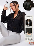 Semi-Sheer Mesh Yoga Jacket with Half-Turtleneck & Zipper Front - Breathable Stretchy Fitness Suit for Running, Gym, Outdoor - Loose-Fit Long Sleeve Zippered Outerwear Suitable for Spring/Autumn Training and Casual Wear