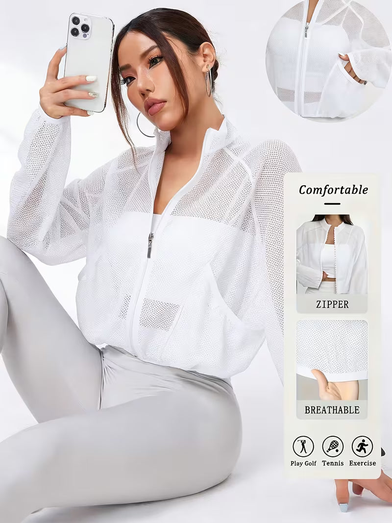 Semi-Sheer Mesh Yoga Jacket with Half-Turtleneck & Zipper Front - Breathable Stretchy Fitness Suit for Running, Gym, Outdoor - Loose-Fit Long Sleeve Zippered Outerwear Suitable for Spring/Autumn Training and Casual Wear