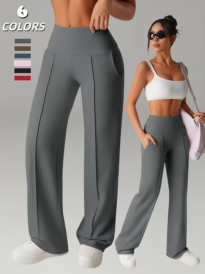 A Slightly Flared Trousers, Straight-Leg Wide-Leg Pants, Casual Quick-Drying Women'S Pants with Pockets, Elastic Pants, High-Waisted Leggings