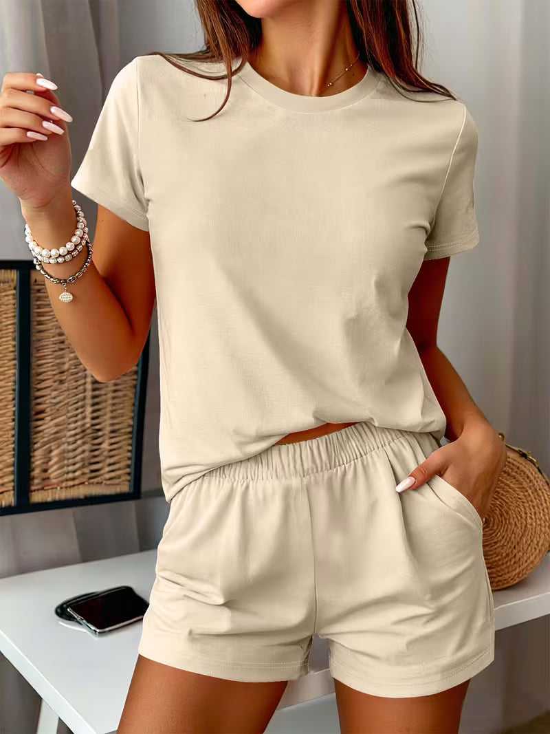 Versatile Style 2026 Spring/Summer Solid Color Multi-Color Choice Short-Sleeved T-Shirt + Shorts Set Women'S Casual Comfortable Two-Piece