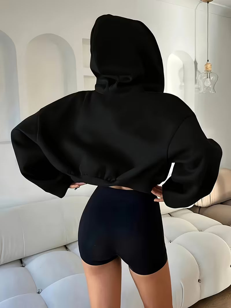 Women's Zip-Front Hooded Sweatshirt Jacket, Fashionable Design, Cropped, Long Sleeve Top for Autumn and Winter