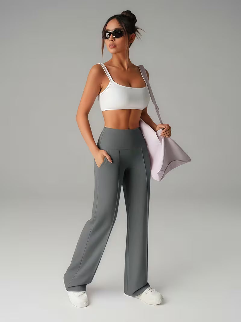 A Slightly Flared Trousers, Straight-Leg Wide-Leg Pants, Casual Quick-Drying Women'S Pants with Pockets, Elastic Pants, High-Waisted Leggings