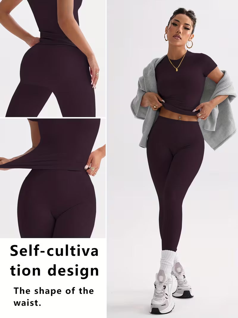 Youthful Campus Fitness Cute Solid Top, Elastic Fitted Round Neck Sweet Fashion Versatile Trendy Jacket Elegant High-Waist Tight Casual Butt-Lifting Daily Basic Dance Leg-Lengthening Hip-Enhancing Street Running Yoga 2pcs Set