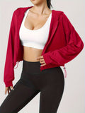 Women's Drawstring Hem Hooded Athletic Jacket, Casual Short Zip-Up Running Fitness Yoga Jacket
