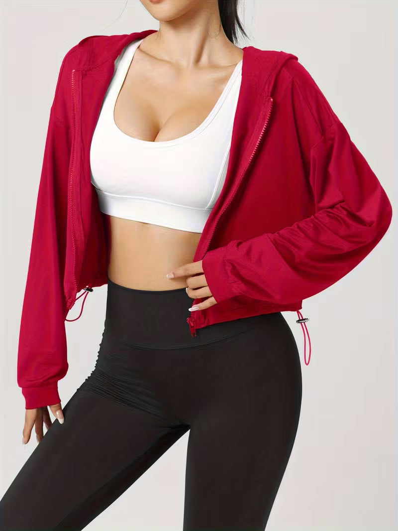 Women's Drawstring Hem Hooded Athletic Jacket, Casual Short Zip-Up Running Fitness Yoga Jacket