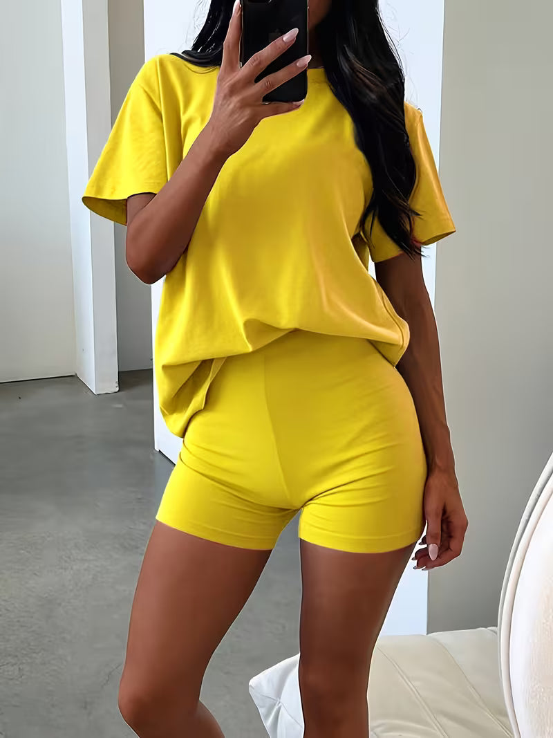 Women'S Outfit 2pcs Set Short Sleeve Loose T-Shirt And Riding Shorts Home Wear Set 210G Soft Double Brushed Fabric Very Soft Daily Home Essential