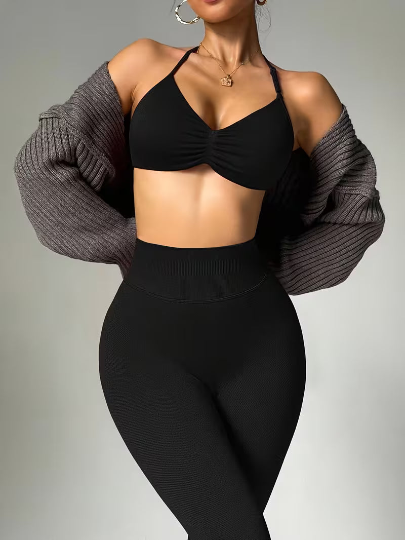 2pcs Solid Color Sexy Thin Strap Halter Neck Women'S Athletic Set, Non-Removable Chest Pad Sports Bra And Tummy Control Tight Leggings, Women'S Yoga Outfit