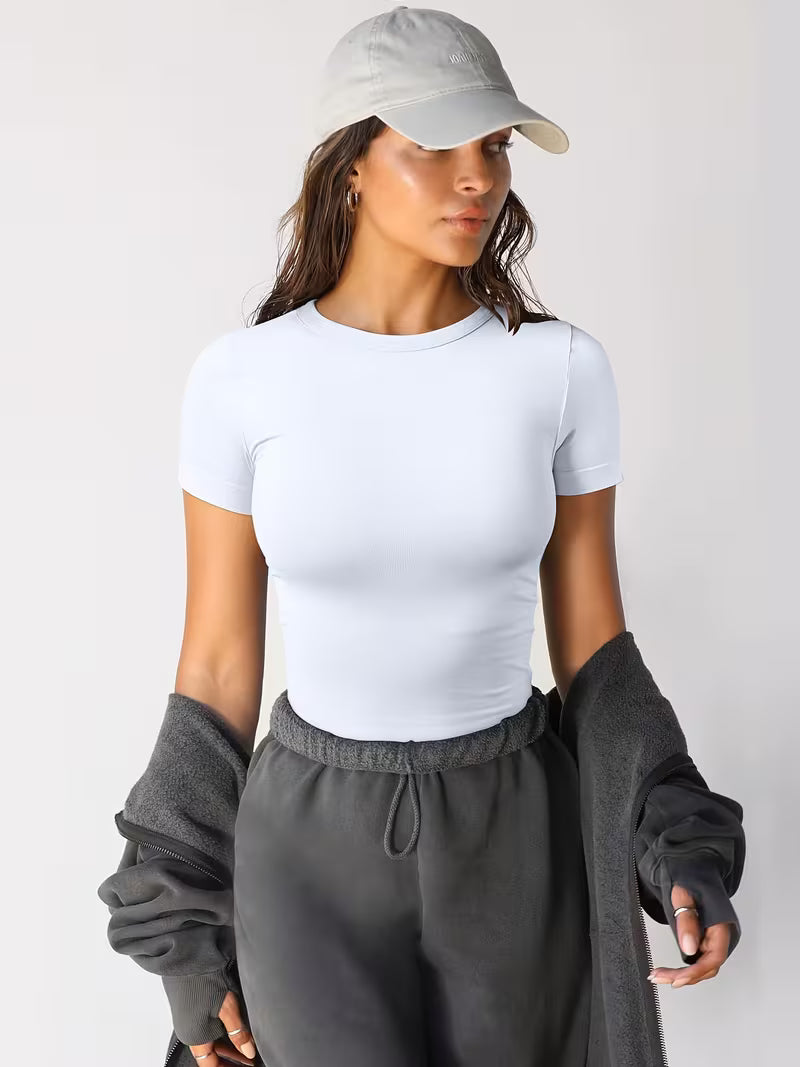 Women's High Elasticity Moisture-Wicking Yoga T-Shirt - Round Neck Drop Shoulder Short Sleeve Workout Top, Non-See-Through Solid Color for Gym, Training & Casual Wear, Gym Apparel, Sleek Design, Nontransparent Material
