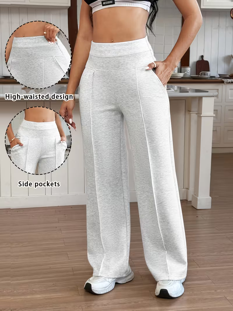 Women's Wide-Leg Trousers with Wide Elastic Waist & Full-Length Pants - Loose-Fit High-Waisted Casual/ Workout Pants Suitable for Spring/Autumn, Gym, Training - Solid Color Elastic Comfortable Long Pants (No)