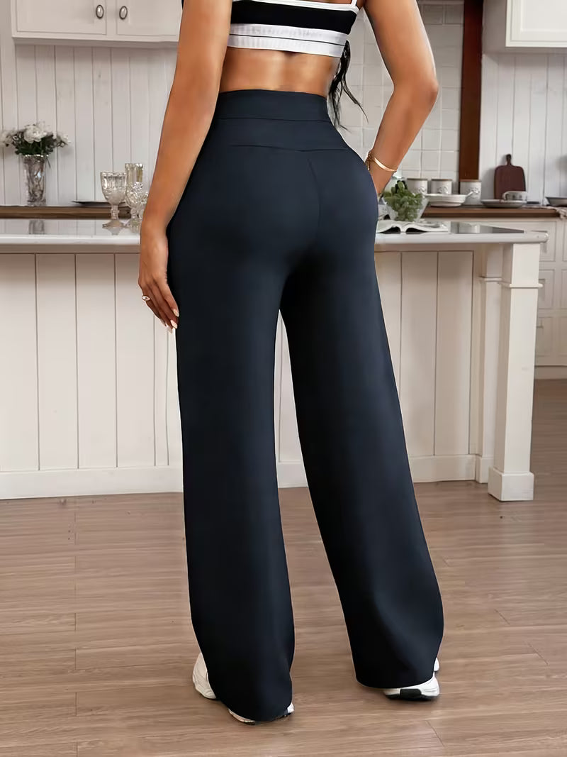 Women's Wide-Leg Trousers with Wide Elastic Waist & Full-Length Pants - Loose-Fit High-Waisted Casual/ Workout Pants Suitable for Spring/Autumn, Gym, Training - Solid Color Elastic Comfortable Long Pants (No)
