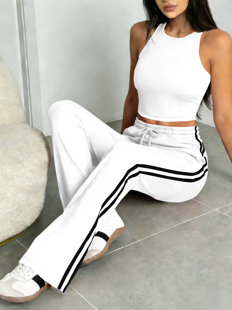 Women's Fashion Swear Set, Slim-Fit Crop Tank Top with Double Side Stripe Wide-Leg Pants