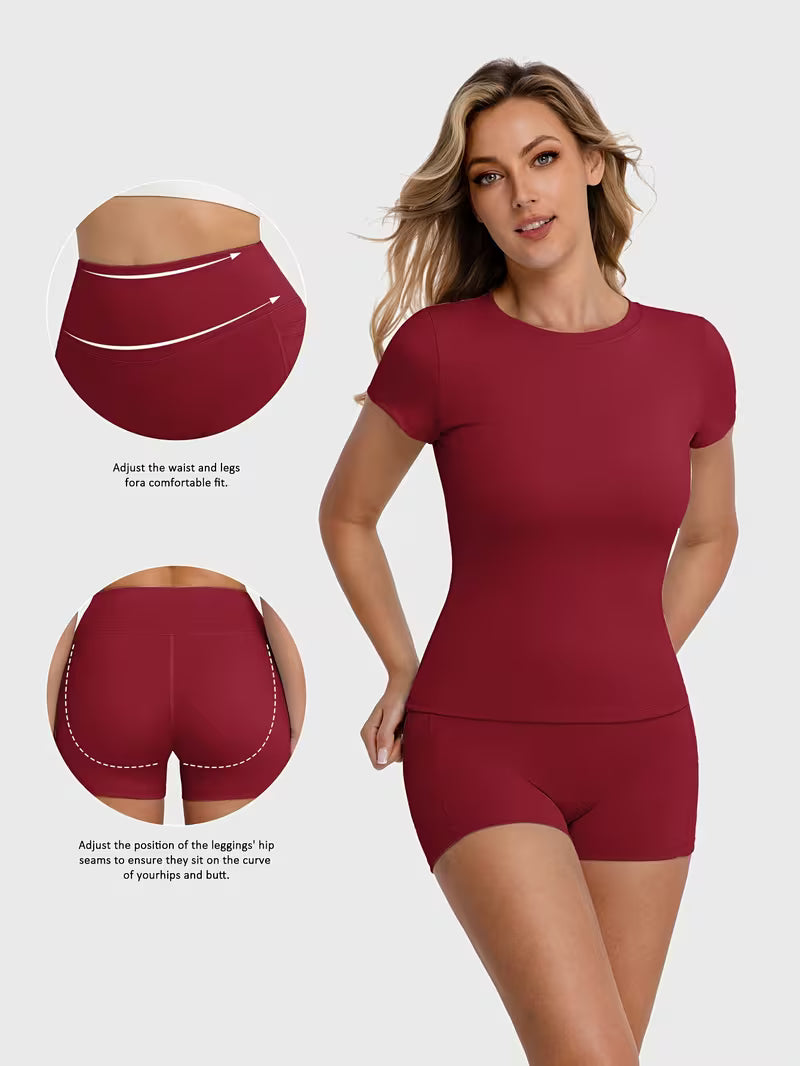 Women'S 2pcs Yoga T-Shirt And Shorts Set - Show Off Your Figure with High Stretch, Comfortable And Breathable Sportswear, Suitable for Pilates Training, Outdoor Sports, Running, Yoga, Daily Leisure And Gym Wear, Yoga Clothes, Women'S Clothing