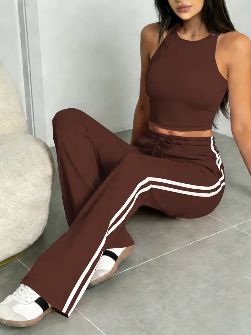 Women's Fashion Swear Set, Slim-Fit Crop Tank Top with Double Side Stripe Wide-Leg Pants