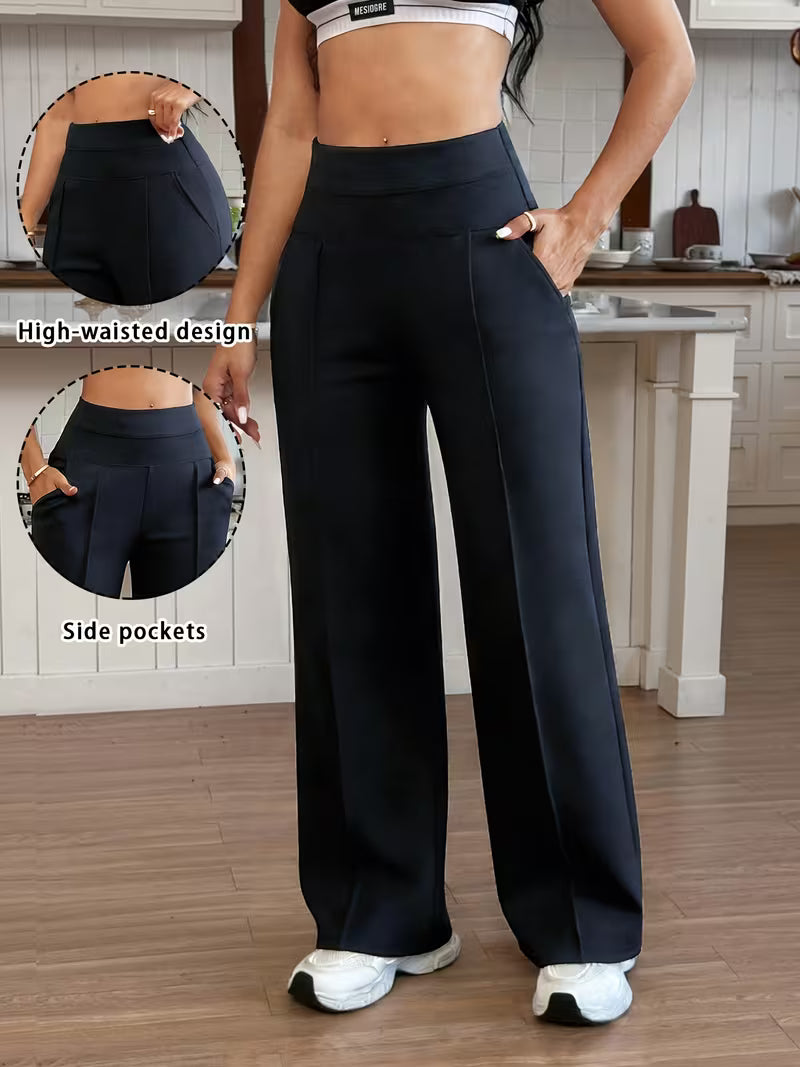 Women's Wide-Leg Trousers with Wide Elastic Waist & Full-Length Pants - Loose-Fit High-Waisted Casual/ Workout Pants Suitable for Spring/Autumn, Gym, Training - Solid Color Elastic Comfortable Long Pants (No)