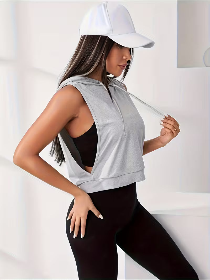 Loose Fit Sleeveless Breathable Women'S Hooded T-Shirt with Letter Print, Casual Sportswear Top Activewear Tank