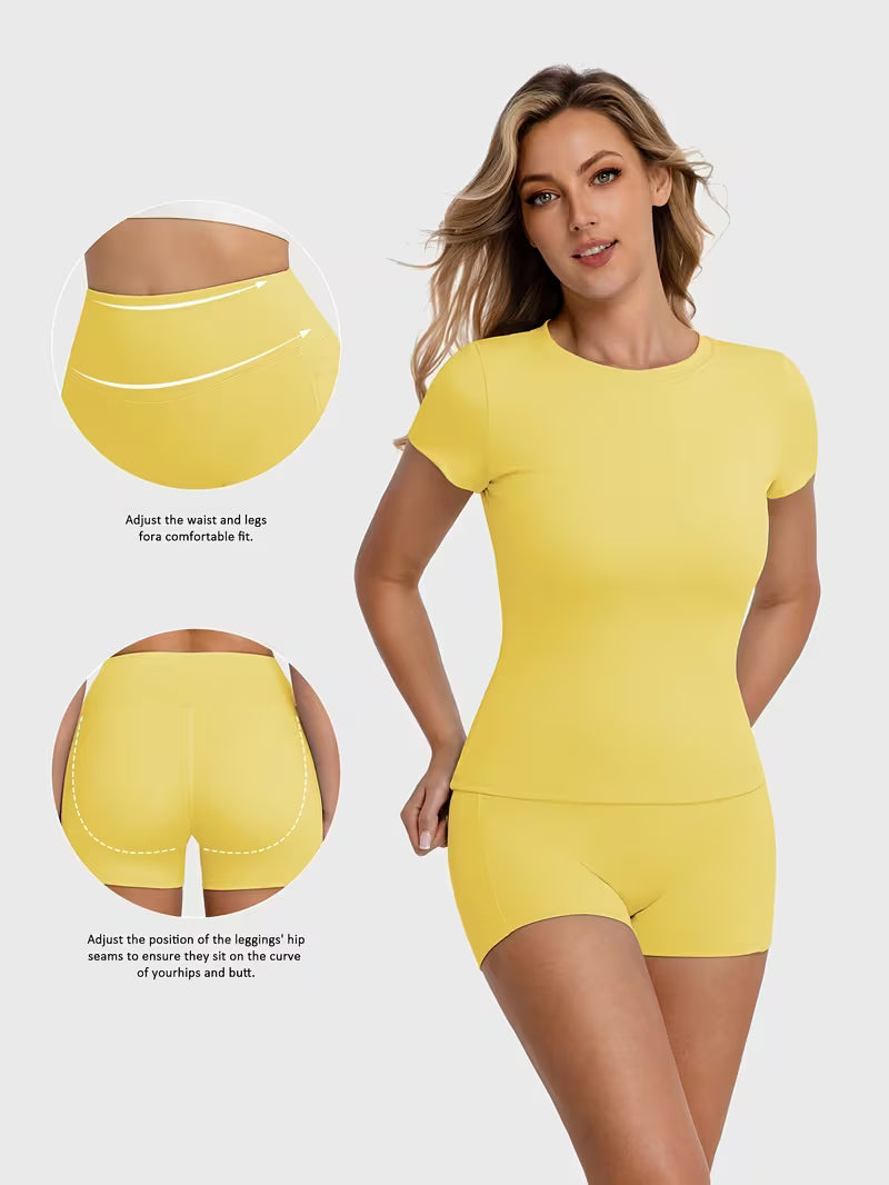 Women'S 2pcs Yoga T-Shirt And Shorts Set - Show Off Your Figure with High Stretch, Comfortable And Breathable Sportswear, Suitable for Pilates Training, Outdoor Sports, Running, Yoga, Daily Leisure And Gym Wear, Yoga Clothes, Women'S Clothing