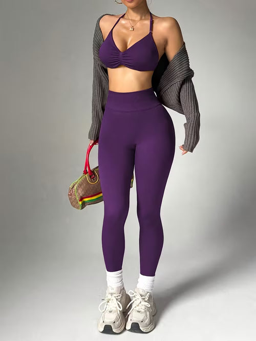 2pcs Solid Color Sexy Thin Strap Halter Neck Women'S Athletic Set, Non-Removable Chest Pad Sports Bra And Tummy Control Tight Leggings, Women'S Yoga Outfit