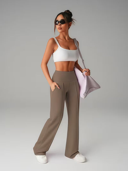 A Slightly Flared Trousers, Straight-Leg Wide-Leg Pants, Casual Quick-Drying Women'S Pants with Pockets, Elastic Pants, High-Waisted Leggings