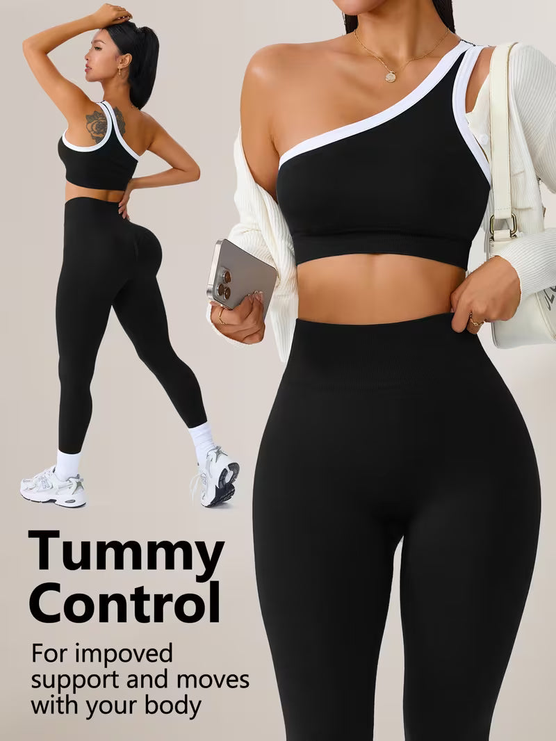2pcs Set of 300G Women'S Sports Suit Long - Slanted Shoulder Vest, Hip Lift High Elastic Leggings Suit - Fitness Clothing Autumn And Winter
